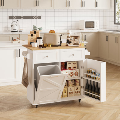 35.4" Kitchen lsland with Trash Can Cabinet, Locking Wheels, Spice & Tower Rack