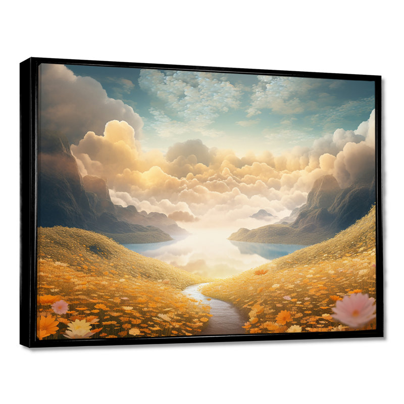 «Pastel Flowerfield Clouds Over Mountain River», art mural fleurs, H 12 po x l 20 po x P 1 po, Toile avec cadre flottant noir