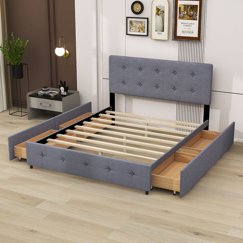 Grand lit plateforme tapissier avec rangement Daryll, Gris foncé