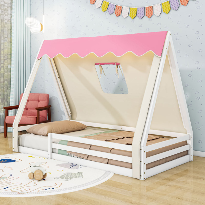 Lit sur pied Montessori House avec tente, lumières et garde-corps pleine longueur, Lit simple, Rose blanc