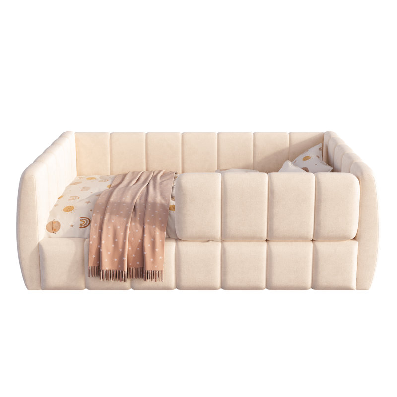 Upholstered Floor Daybed with Removable Guardrails,Compatible with standard US toddler mattresses , Safety Toddler Bed with High Headboard & Footboard