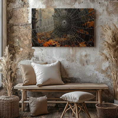 Art mural sur toile toile d'araignée Dewy et feuilles orange, forêt d'automne, art d'Halloween prêt à être accroché à la galerie, décoration moderne