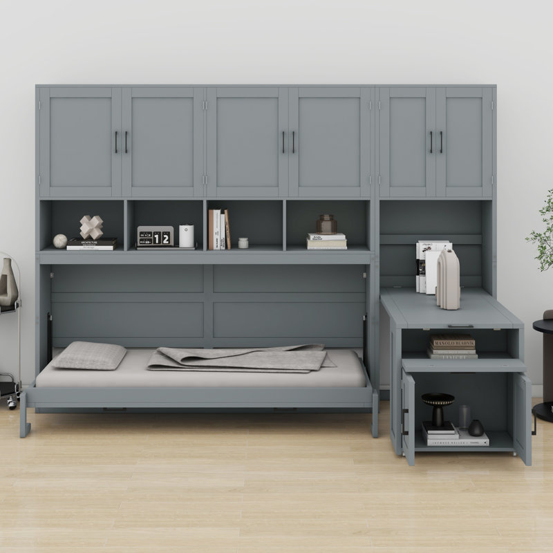 Lit escamotable mural avec placard, tiroirs et bureau Murphy, Gris