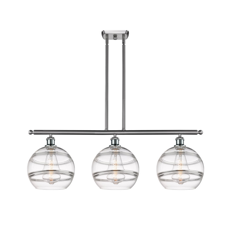Luminaire suspendu pour îlot de cuisine à 3 lumières Chartoff, Transparent, Nickel satiné brossé