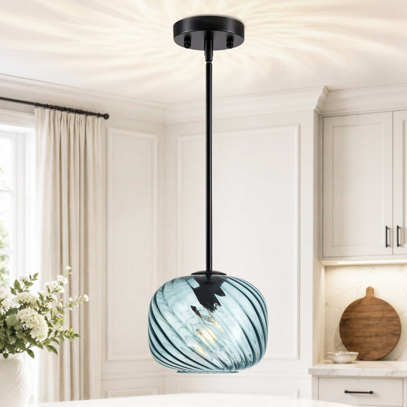 Luminaire suspendu sphérique en verre 1 lumière pour îlot de cuisine Emiliani, Bleu, Noir mat
