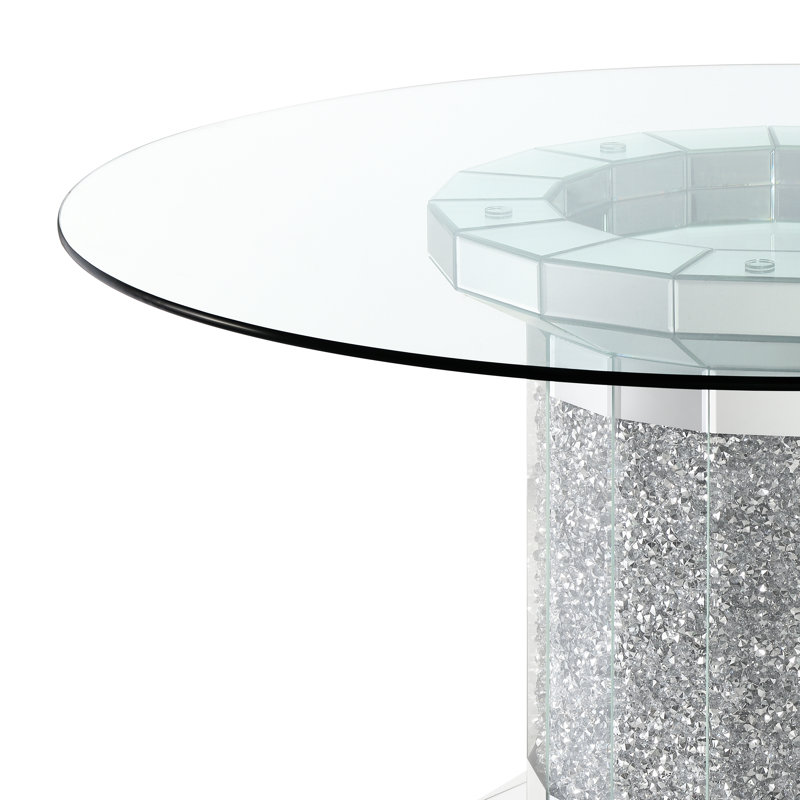Everly Quinn Zareon Round Dining Table with Glass Top in Silver and ...