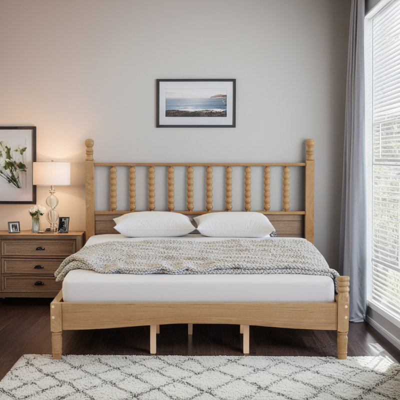 Lit plateforme rétro en bois naturel avec tête de lit gourde