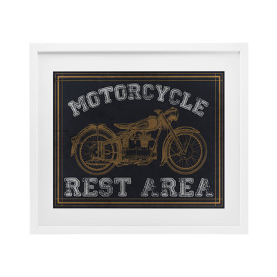 Motocyclette, aire de repos encadrée sous verre, conception de Marcus Prime