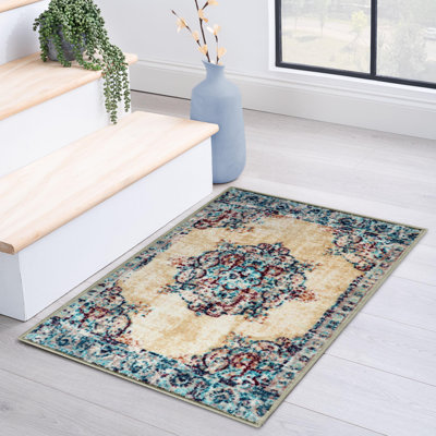 Ezra Distressed Medallion Traditional Border Indoor Area Rug