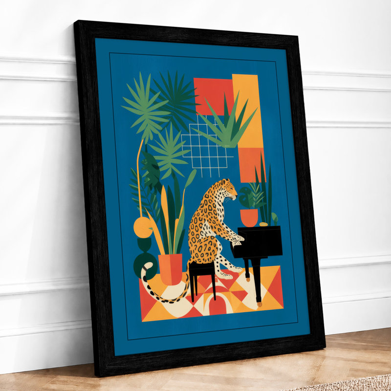 Leopard at the Piano Mid-Century - Framed Print, Black, A4 - 29.7 x 21.0 cm
