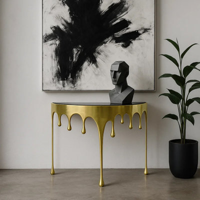 Capri Sofa Console Table | 36.25" Half Moon Glass Top | Melting Drip Design | Aluminum Cast