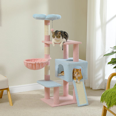 Arbre à chat Flower avec grand hamac en métal, tour de chat mignonne de 35 po avec poteaux à griffer en sisal pour petits chats d'intérieur, condo pour chat avec perchoir rose pour chatons