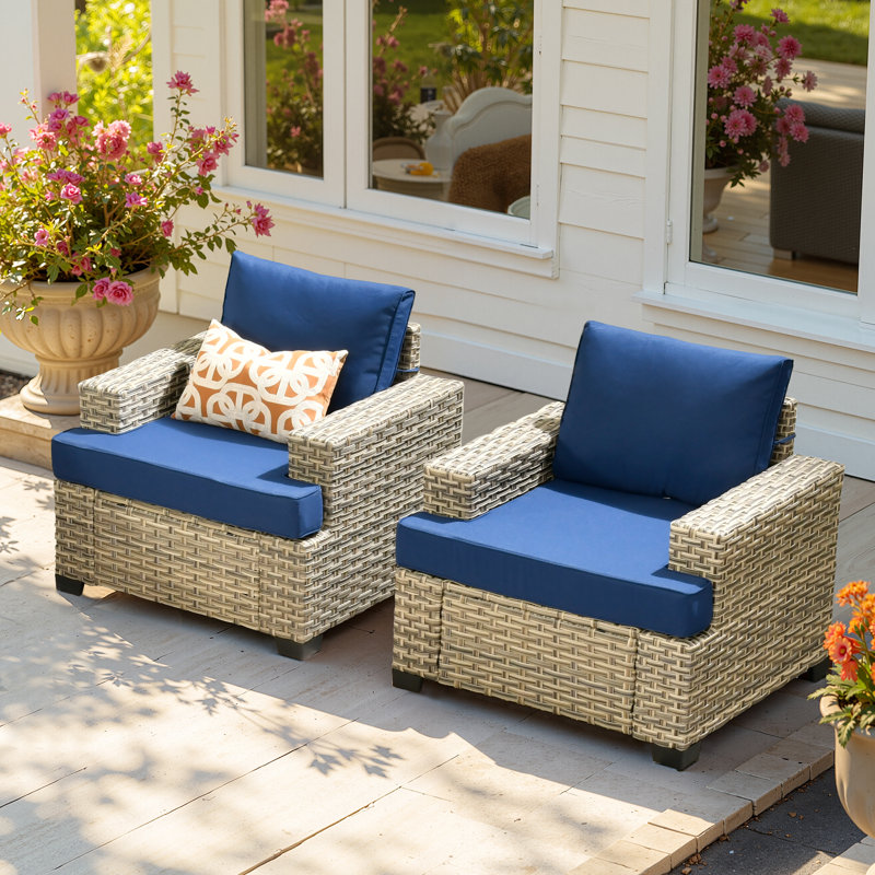 All-Weather Wicker Outdoor Lounge Chair With Cushions (Set Of 2), Navy