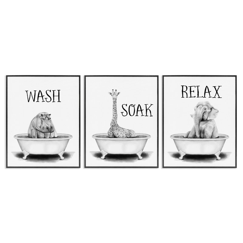 «Wash Soak Relax Jungle Animals», ensemble de 3 giclées par Rachel Nieman, Giclée encadrée noir minuit, H 20 po x l 16 po