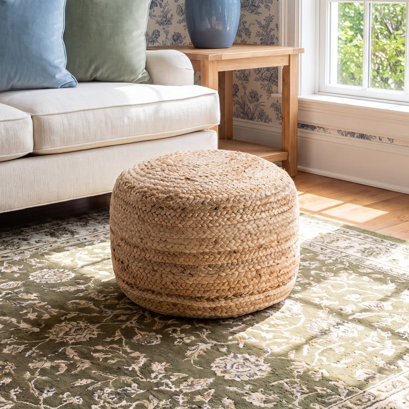 Teele 18" Wide Round Pouf Ottoman, Beige Natural Fibers