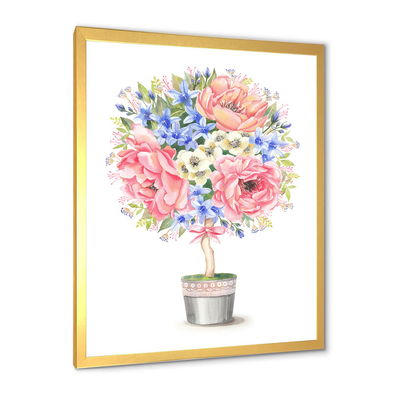 Flower Tree In A Pot With A Bow - Reproduction de photo sur toile, H 32 po x l 24 po x P 1 po, Encadrement doré
