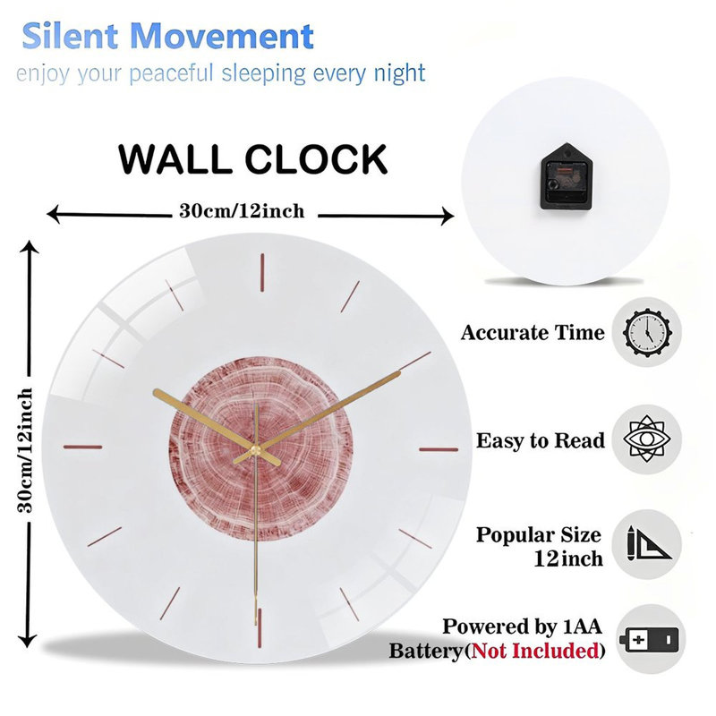 Horloge murale 12 po ronde en verre trempé avec mouvement à quartz silencieux, Terracotta