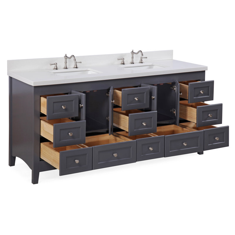 Edber 72'' Double Bathroom Vanity with Top, Quartz, Marine Gray