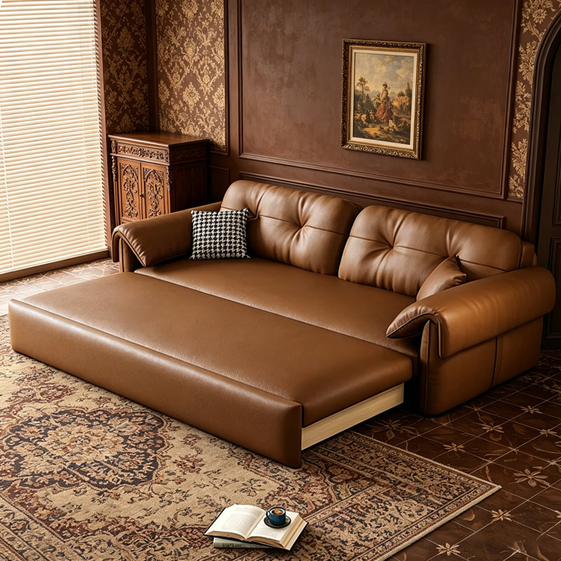 Canapé-lit multifonctionnel pliable en cuir brun français 2 en 1, 33.86" H x 61.42" W x 32.28" D