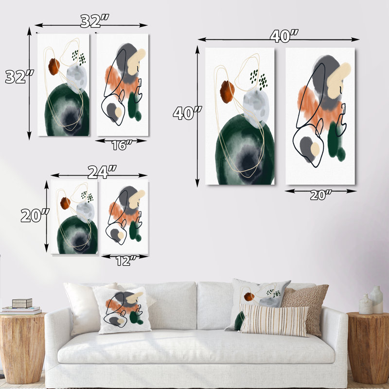 «Dark Green and Orange Abstract Composition», ensemble de 2 peintures sur toiles, Toile tendue, H 20 po x l 24 po x P 1 po