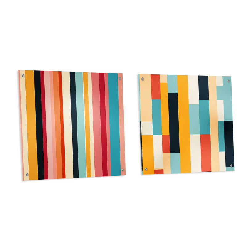 Pastel Colours Midcentury Stripes Pattern - Abstract Midcentury Acrylic Wall Art Glass Set Of 2, H 36 po x l 73 po