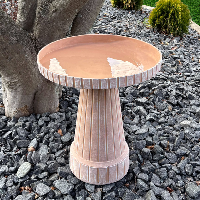 Bain d'oiseaux moderne en fibre d'argile côtelée de 48 cm (19 po) – Bain d'oiseaux extérieur sur pied, couleur taupe naturelle