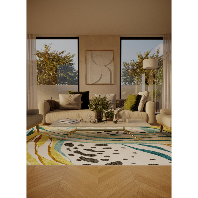 Tapis bleu / gris en chenille / polyester tissé à la main à motif abstrait Caylub, Carré 7 pi