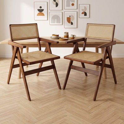 2 Pack Black Bamboo Folding Rattan Dining Chairs, Foldable Arm Chairs with Woven Rattan Seat & Back, Indoor Outdoor Patio Foldable Chairs for Balcony Porch Garden