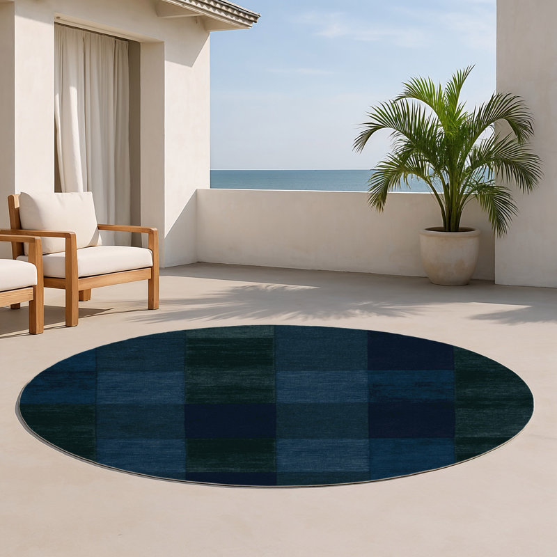 Tapis d'intérieur et d'extérieur à carreaux bleu, Rond 5 pi