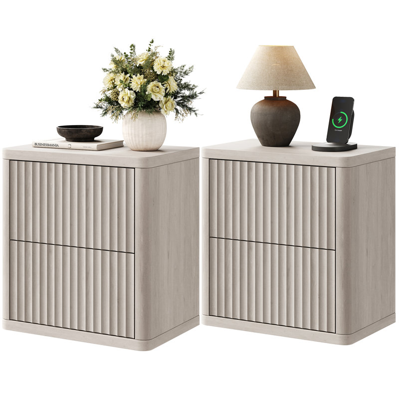 Table de chevet cannelée avec 2 tiroirs escamotables, Aulne blanc, Ensemble de 2