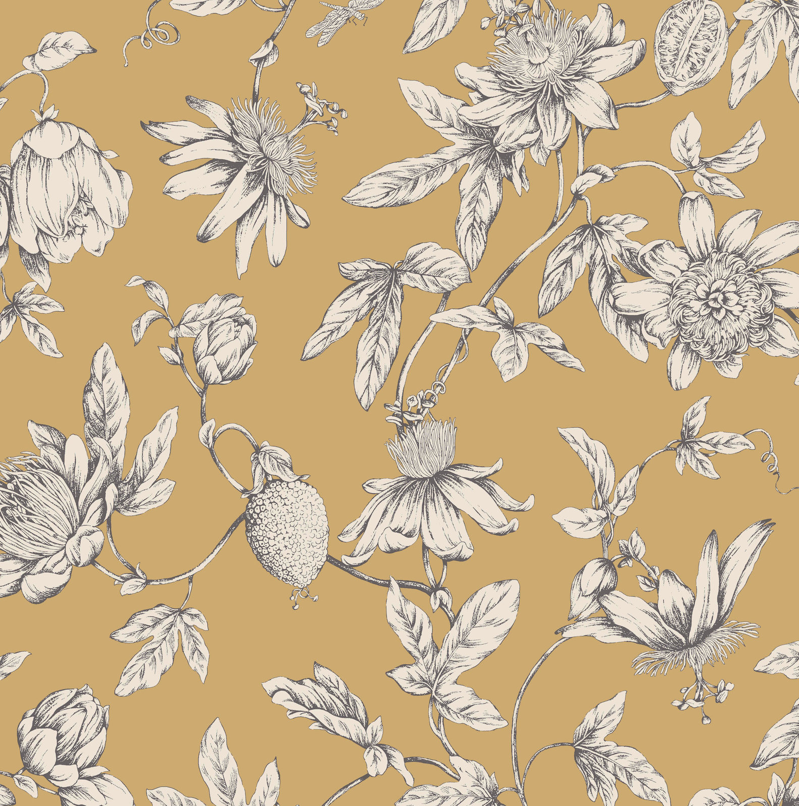 Passion Flower Toile Floral Wallpaper, Harvest