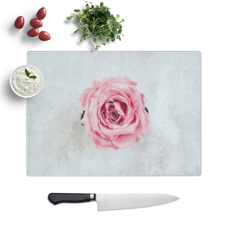 Tempered Glass Lone Pink Rose Abstract Chopping Board, 28.5 cm x 39 cm