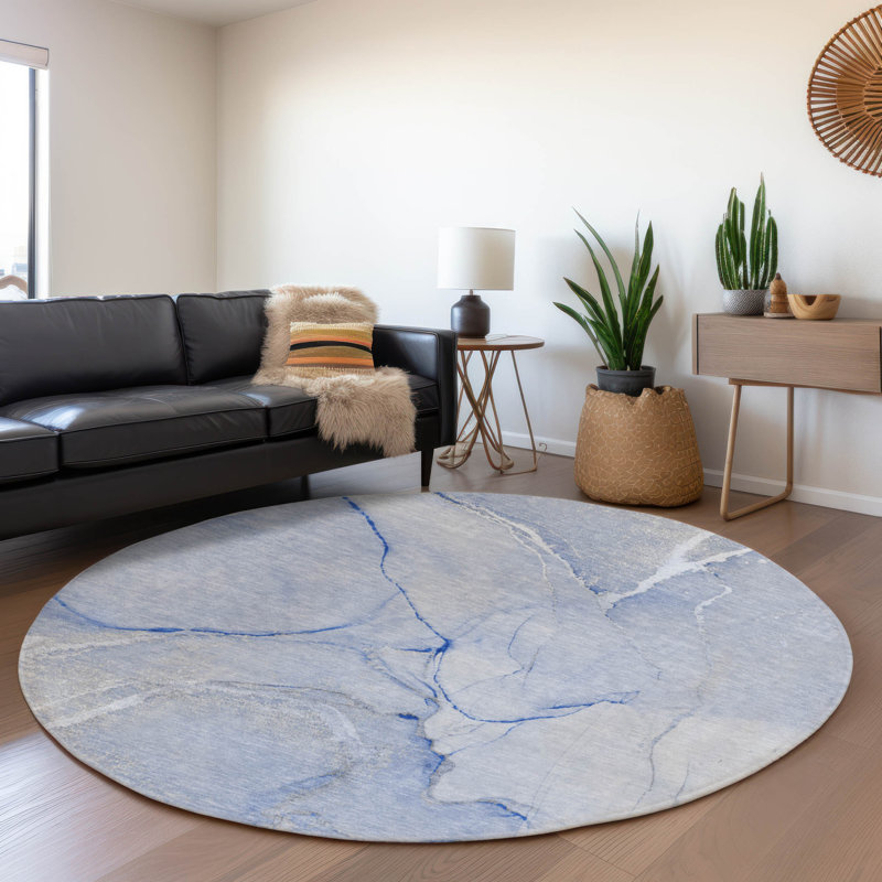 Tapis bleu lavable de qualité supérieure 10 pi x 14 pi Cerrito AMF510, Rond 8 pi