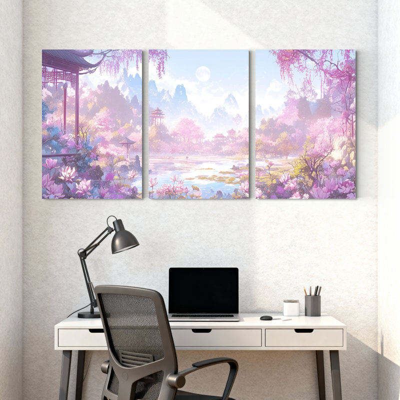 Paysage et nature, fleurs roses, jardin, lac, clair de lune, pagode, reflet des montagnes, ensemble de 3 impressions sur toile