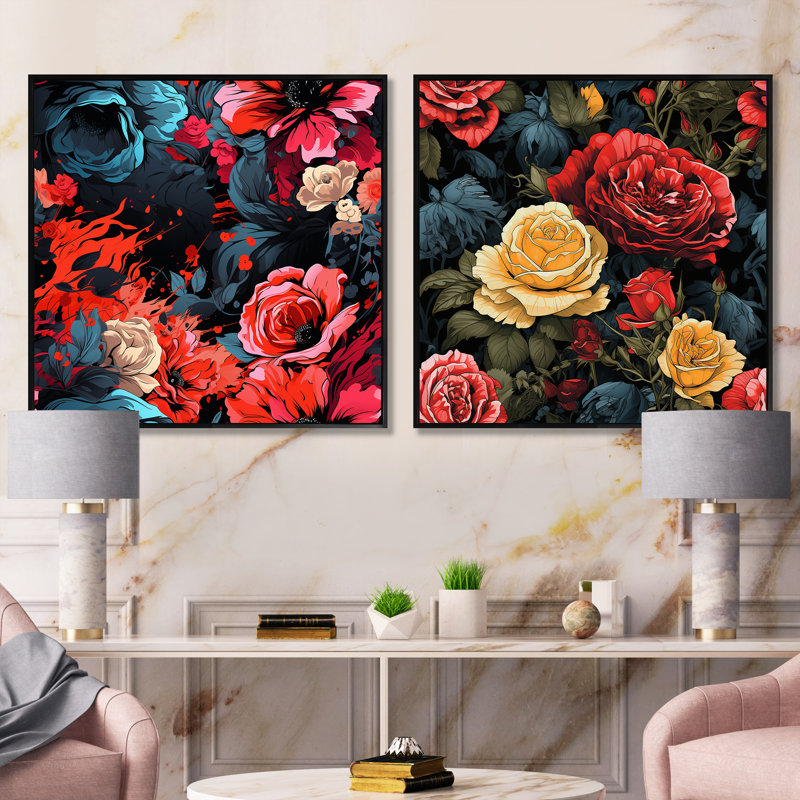 Sylvere - Ensemble de 2 collages floraux carrés, Cadre flottant noir, H 30 po x l 61 po