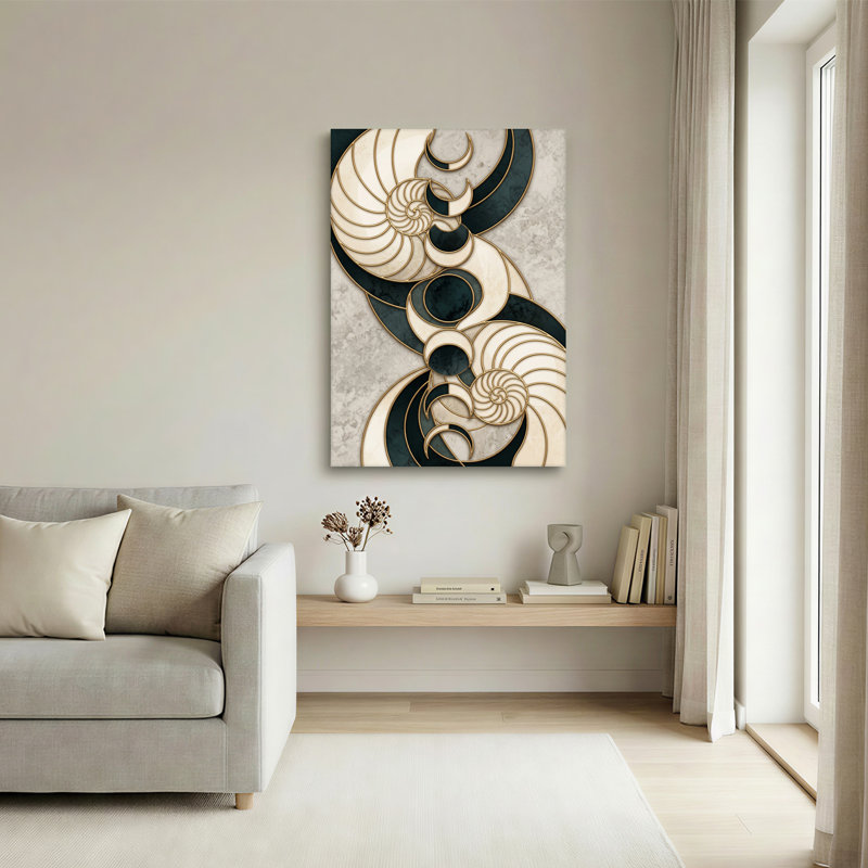 Art mural sur toile en spirale dorée et croissant de lune sur marbré bleu sarcelle et gris, H 30 po x l 20 po