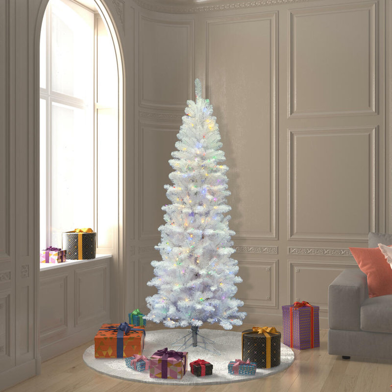 White Salem Pencil Pine 6.5'  White Pine Artificial Christmas Tree, 6.5'  H, Multi-colored LED