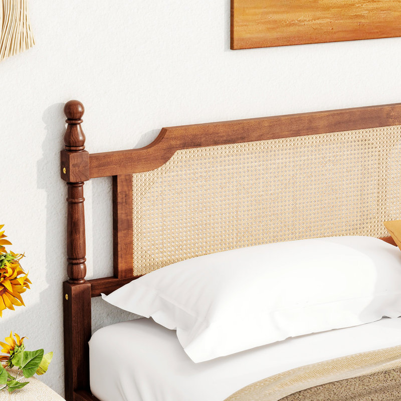 Wooden Bed With Rattan Headboard  And Footboard