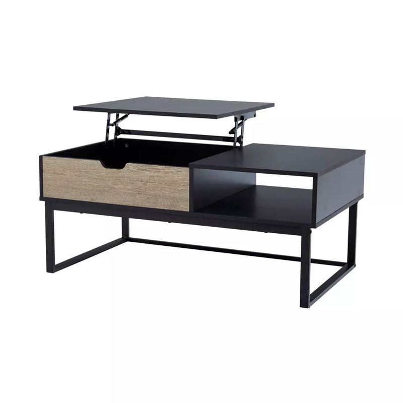 Table basse Scheri avec rangement dissimulé, fini bois, structure en métal, style champêtre, idéale pour le salon.