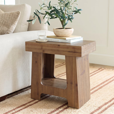 Rustic Solid Wood End Table, Rectangular Side Table with Storage Shelf