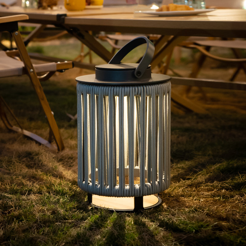 Outdoor Solar Lights Patio Decorative Lanterns Aluminum Lantern with Braided Rope, 13" H x 8.7" W x 8.7" D, Gray