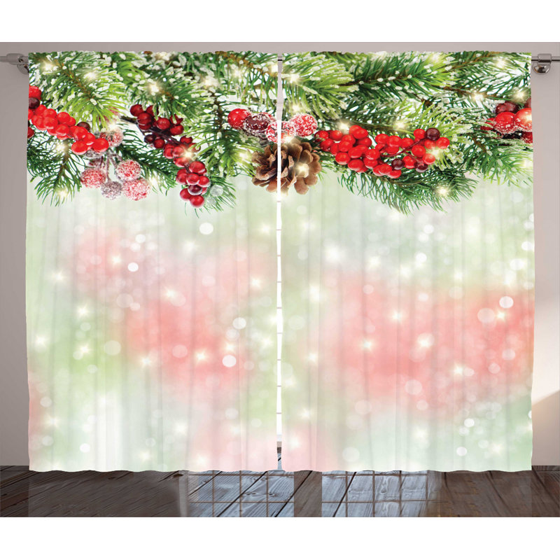 Evergreen Fir Branches Red Ripe Holly Berries 2 Piece Semi-Sheer Curtain Panel Set, 54" W x 63" L