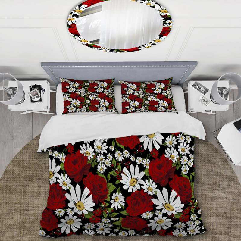 Ensemble de housse de couette à motif floral blanc et rouge, Housse de couette pour grand lit et 2 taies décor