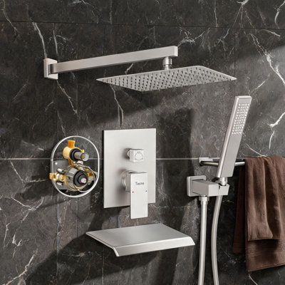 Brushed Nickel Shower System with Pressure Balance Valve, Rainfall Showerhead and Handheld Sprayer