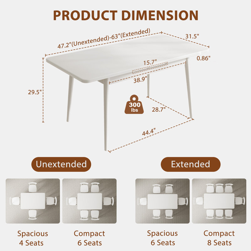 Solid Wood Extendable Dining Table with Seamless Expansion from 47.2 to 63 Inches, Seats 4 to 8 People, Walnut Finish, Easy Assembly, Perfect for Dining Room, Kitchen, and Living Room