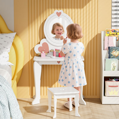 Kids Vanity Set With Mirror And Chair, 2-in-1 Convertible Vanity Table With Storage, Toddler Makeup Toy With 8 Pcs Accessories For Pretend Play, Gift by Rosdorf Park