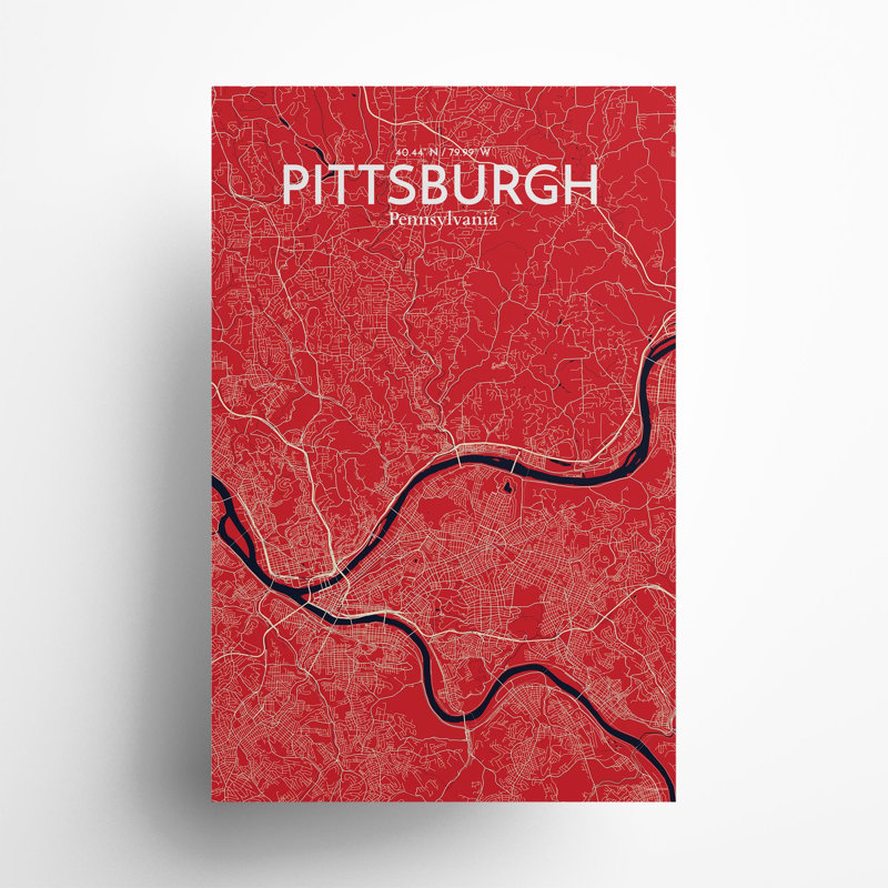 Pittsburgh City Map, impression, H 17 po x l 11 po, Rouge / Bleu marine