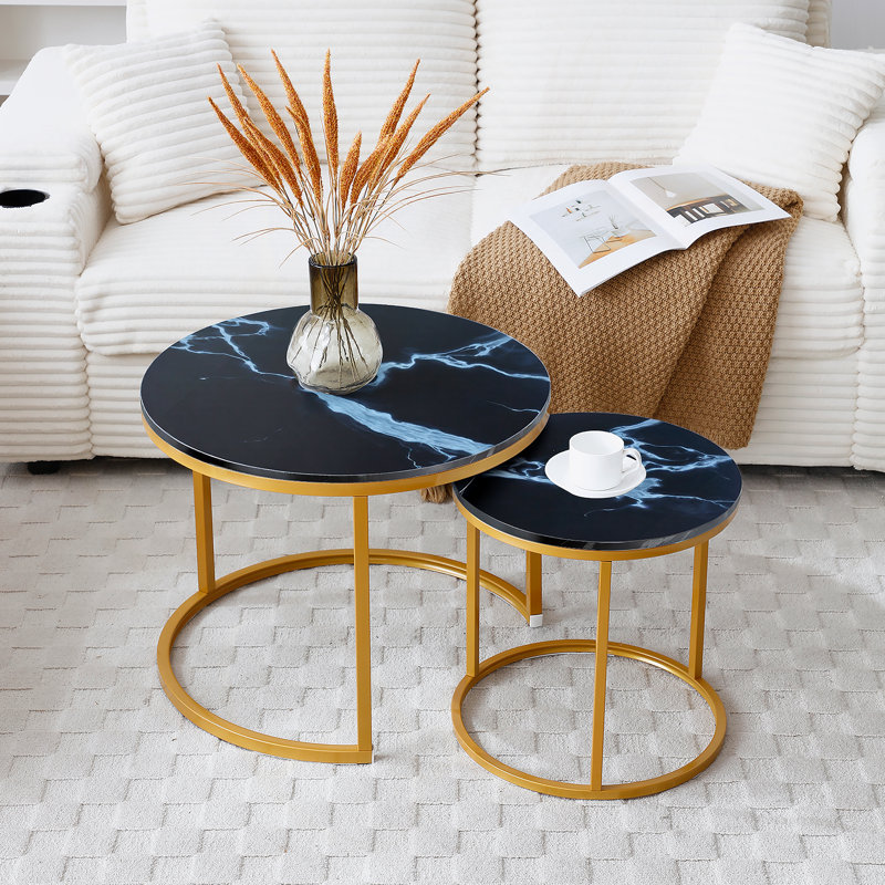 Set 2 Coffee Table Nesting Black Top Golden Frame Circular Round And Marble Pattern Wooden Tables, Living Room Bedroom Apartment Modern Industrial Simple Nightstand