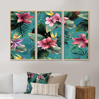Fleurs tropicales roses sur fond sarcelle - ensemble de 3 impressions sur toile flottante