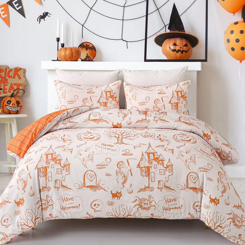 Literie d'Halloween en microfibre douce, trois pièces avec taies d'oreiller, motif citrouille et fantôme, orange et blanc